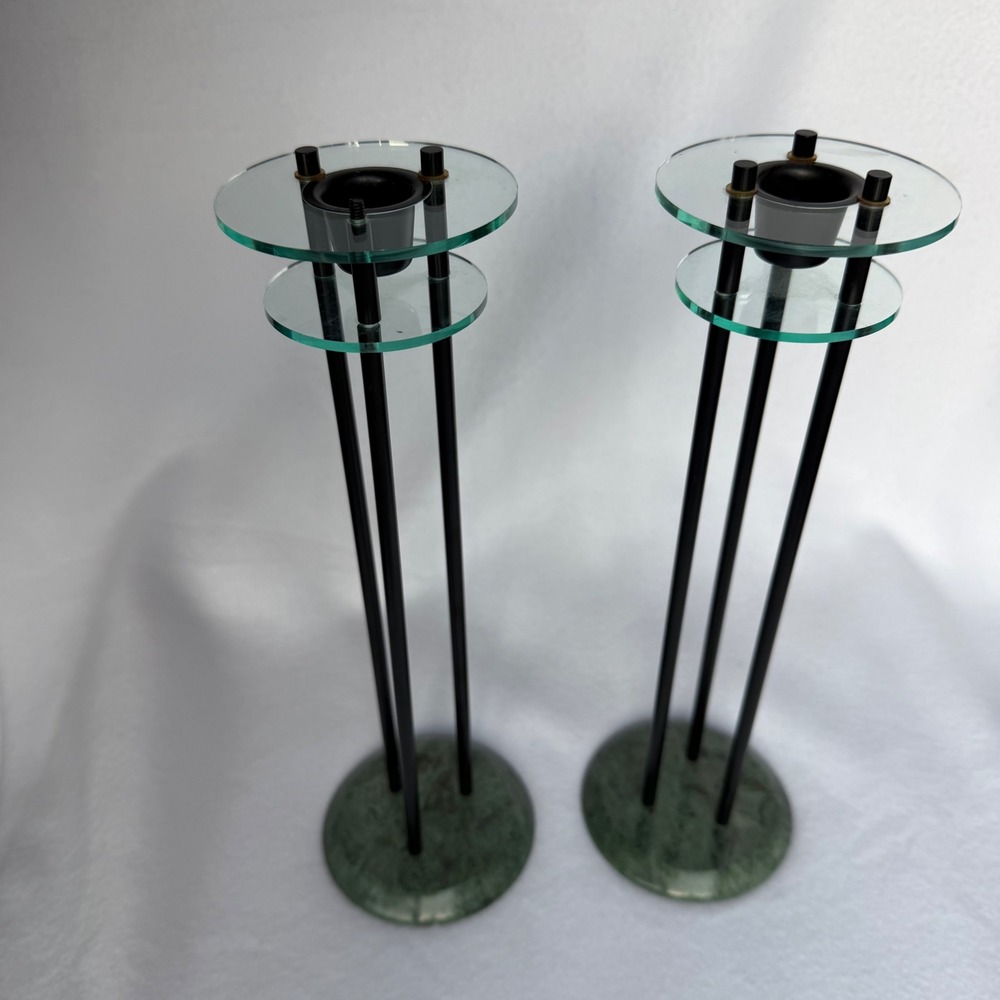 Postmodern Glass & Metal Candle Holders Pair Marble Base Sculptural Modern Decor